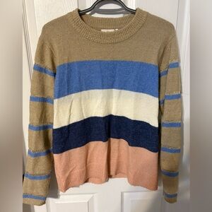 Chic Women's Striped Crew Neck Sweater - Tan, Blue, Cream, Pink